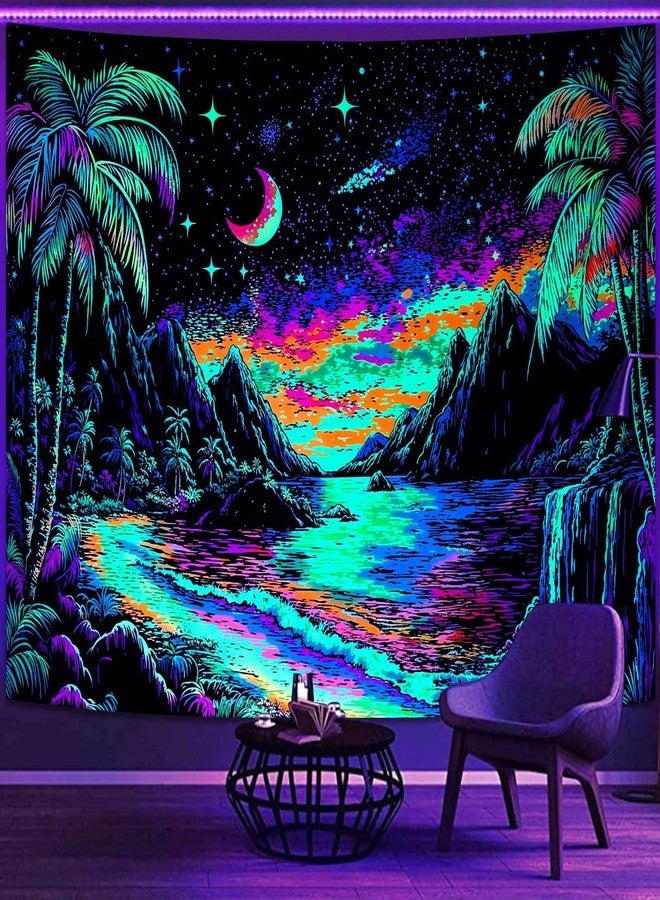 Lifeella Blacklight Landscape Tapestry, Glow in the dark UV Reactive Beach Lake Wall Decor, Aesthetic Palm Tree Art for Bedroom Living Room, 36x48 inches - Image 2